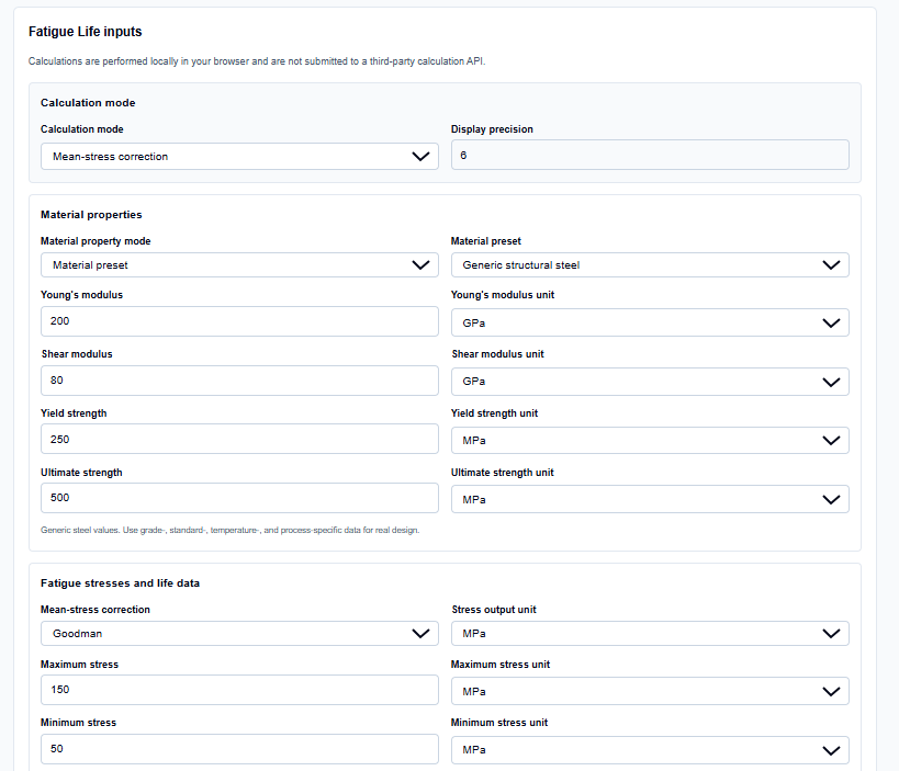Close-up of selection menus for fatigue modes and material presets on ScholarTool.