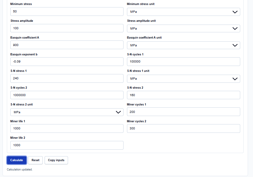 Close-up of selection menus for fatigue modes and material presets on ScholarTool.