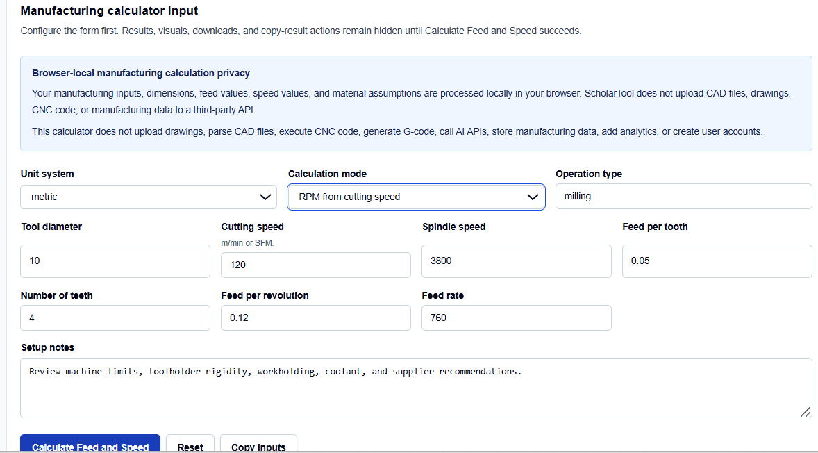 Close-up of calculation mode dropdown controls and unit system selectors on ScholarTool.