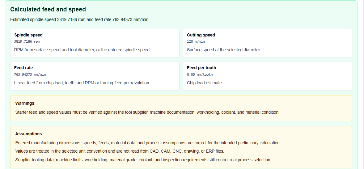 Results block on ScholarTool displaying computed RPM, feedrate, and data export buttons.