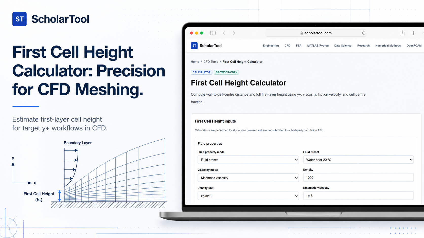 Interface of the ScholarTool First Cell Height Calculator showing input fields and the technical visual sketch.
