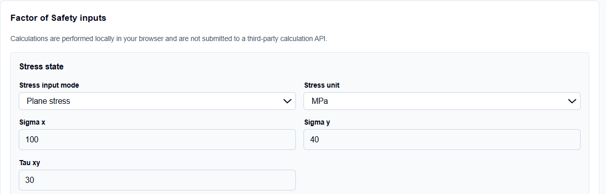 Close-up of selection menus for failure criteria and stress inputs on ScholarTool.