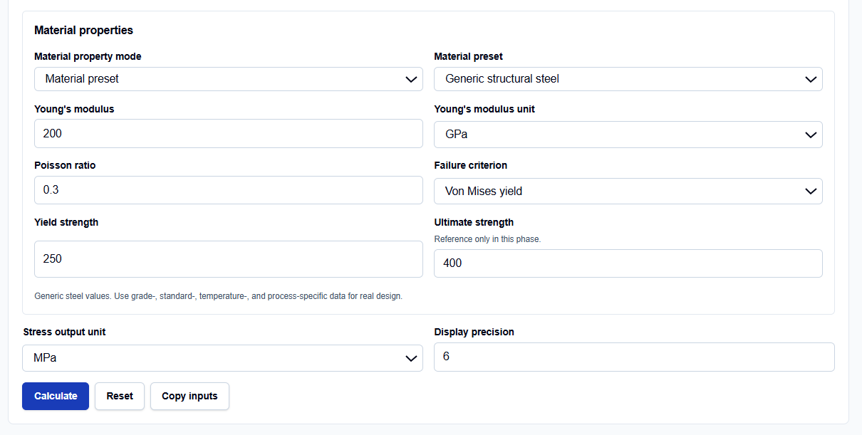 Close-up of selection menus for failure criteria and stress inputs on ScholarTool.