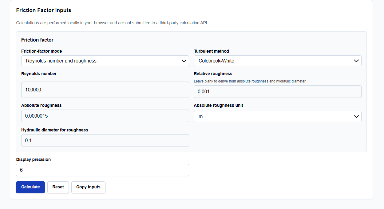 Close-up of selection menus for friction factor methods on ScholarTool.