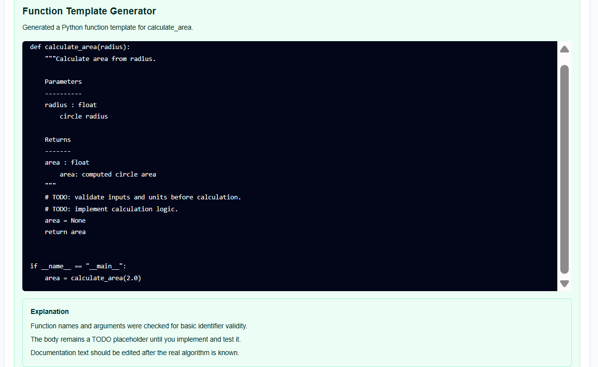 Result section of the template generator showing a function skeleton and syntax validation warnings.