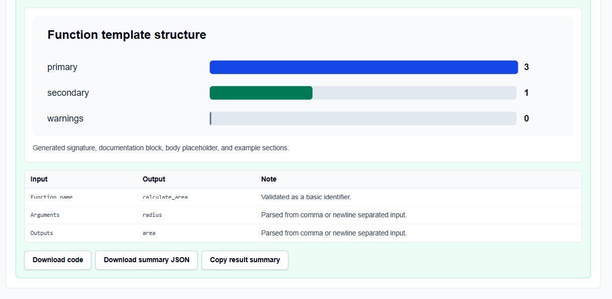 Result section of the template generator showing a function skeleton and syntax validation warnings.