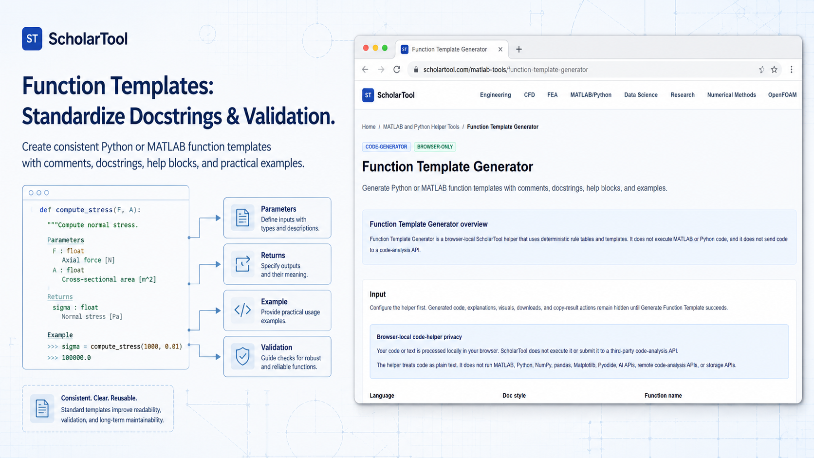 Interface of the ScholarTool Function Template Generator showing a Python function skeleton with NumPy-style documentation.