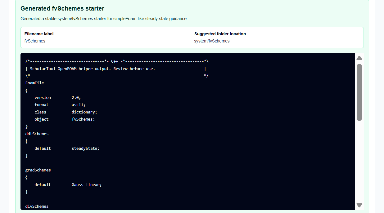 Visual summary and human-review checklist block from the fvSchemes Helper.