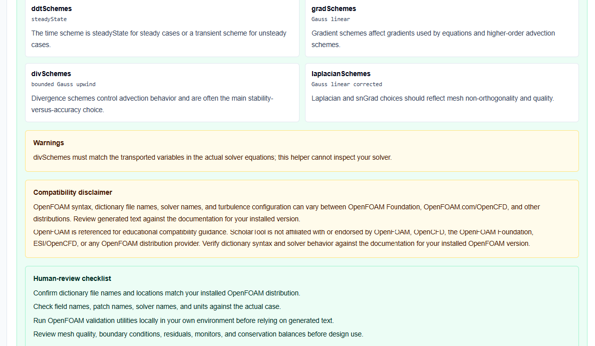 Visual summary and human-review checklist block from the fvSchemes Helper.