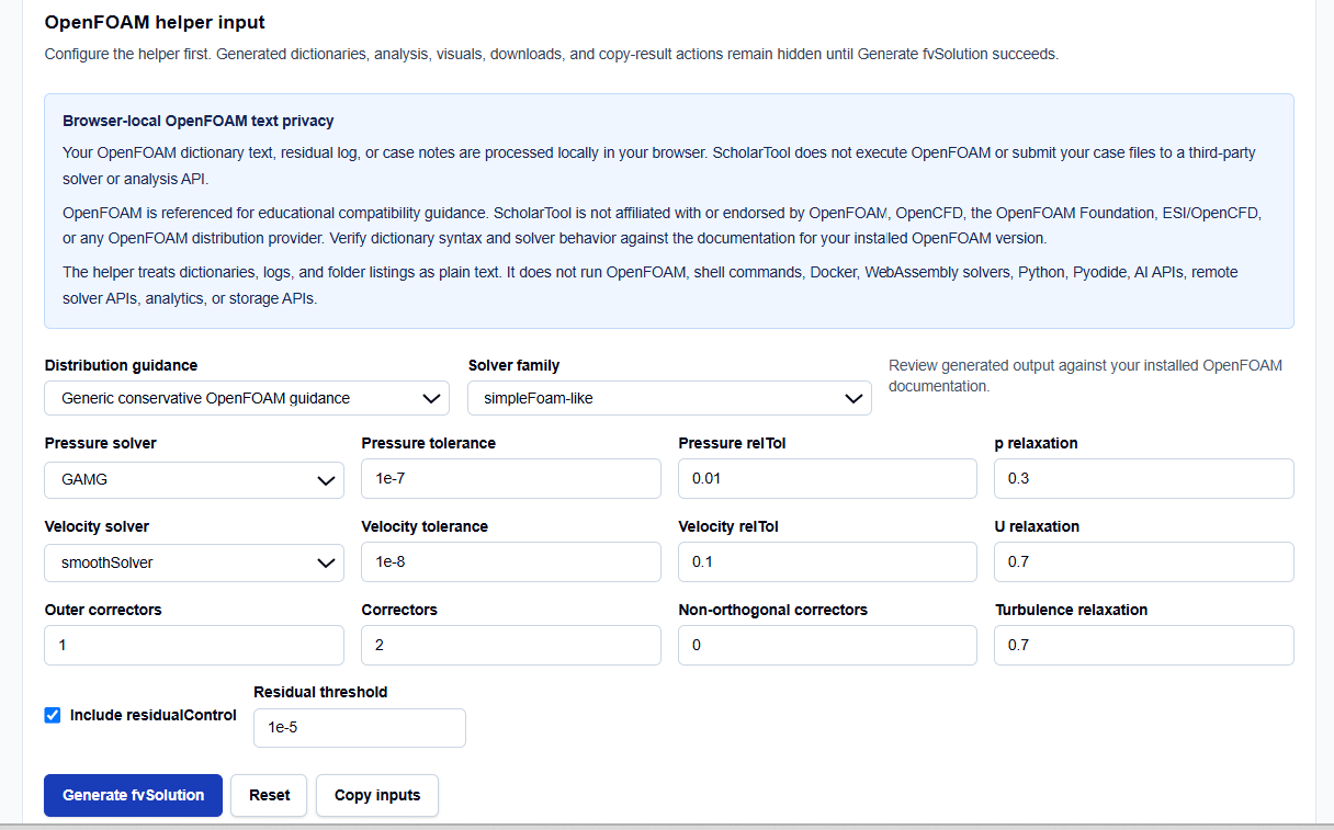 Close-up of pressure and velocity solver configuration fields on ScholarTool.