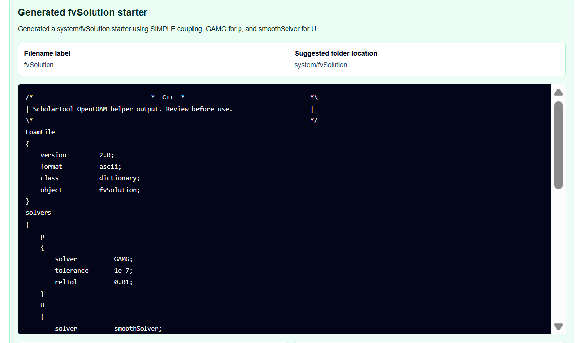 Visual summary and human-review checklist block from the fvSolution Helper.
