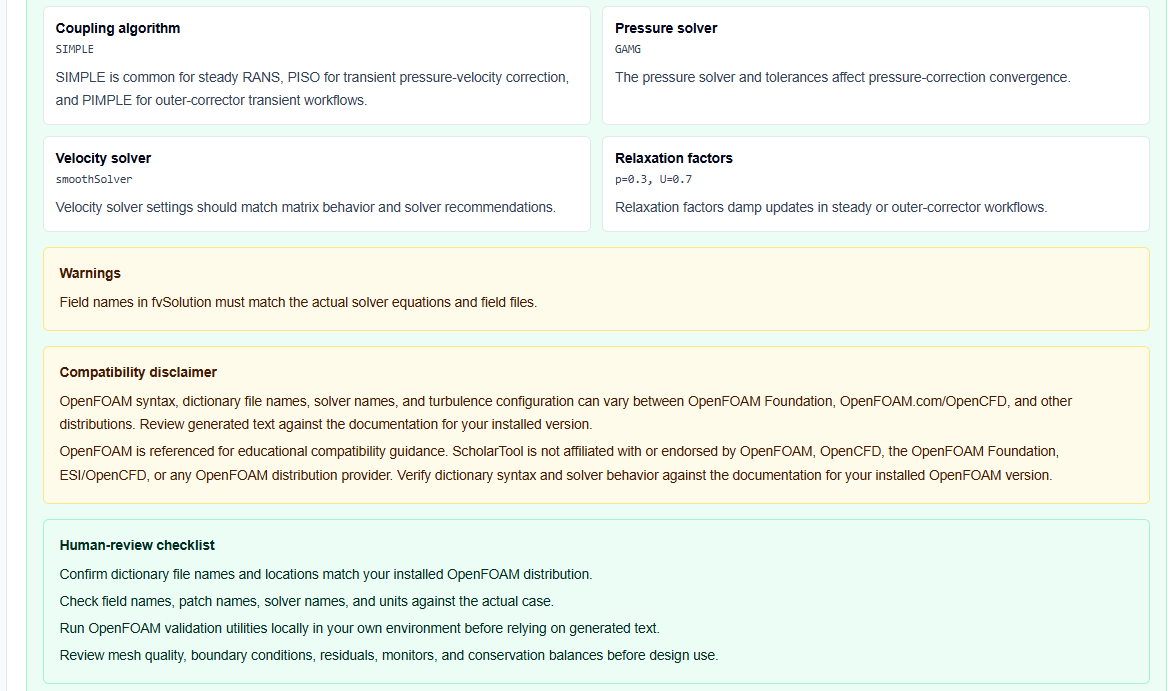 Visual summary and human-review checklist block from the fvSolution Helper.