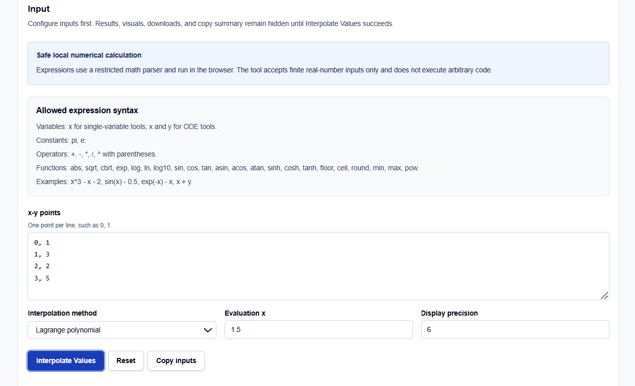 Close-up of input fields for x-y points and method selection on ScholarTool.