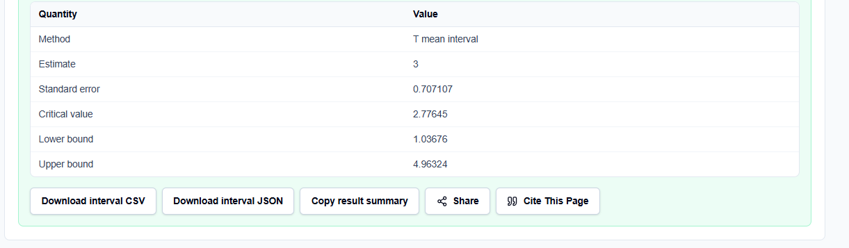 Calculated outputs block displaying standard error and margin bounds on ScholarTool.