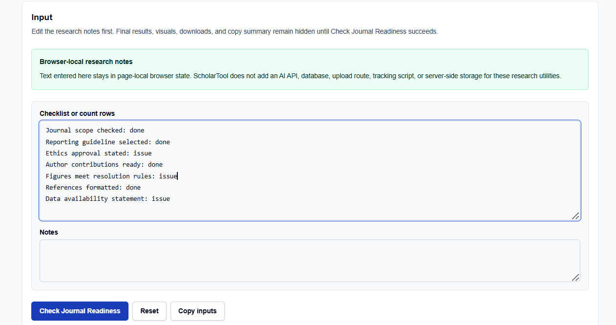 Close-up of the submission row input field on ScholarTool for entering manuscript criteria and status.