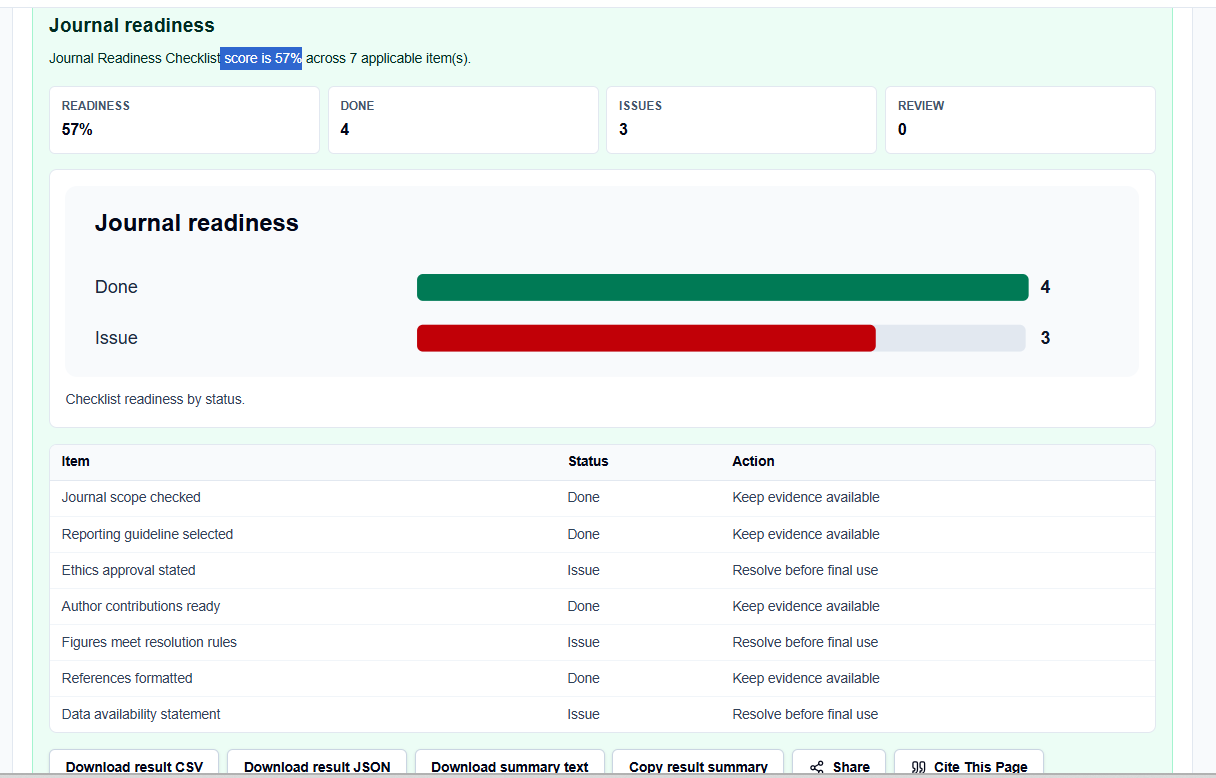 Results section showing the parsed criteria count, readiness score, and export options.
