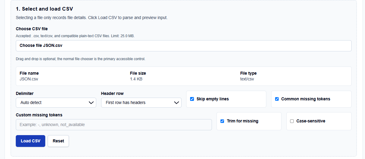 Close-up of CSV loading and type conversion options on ScholarTool.