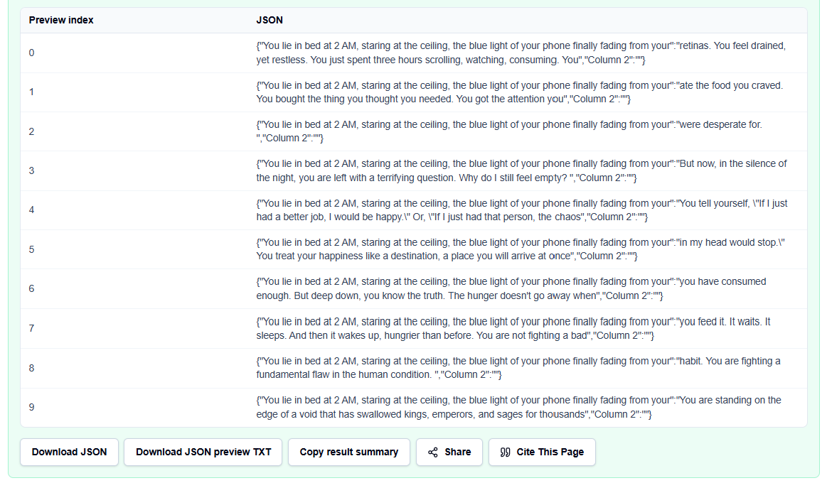 Results section showing JSON output preview and the download artifact button.