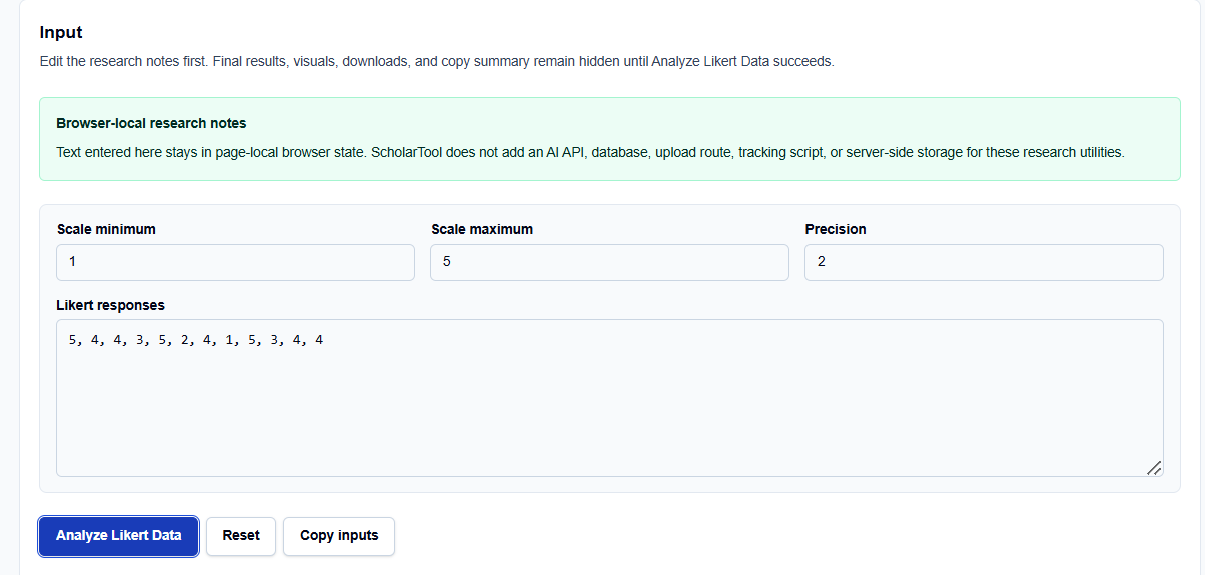 Close-up of the input fields on ScholarTool for entering Likert responses and free-text research notes.