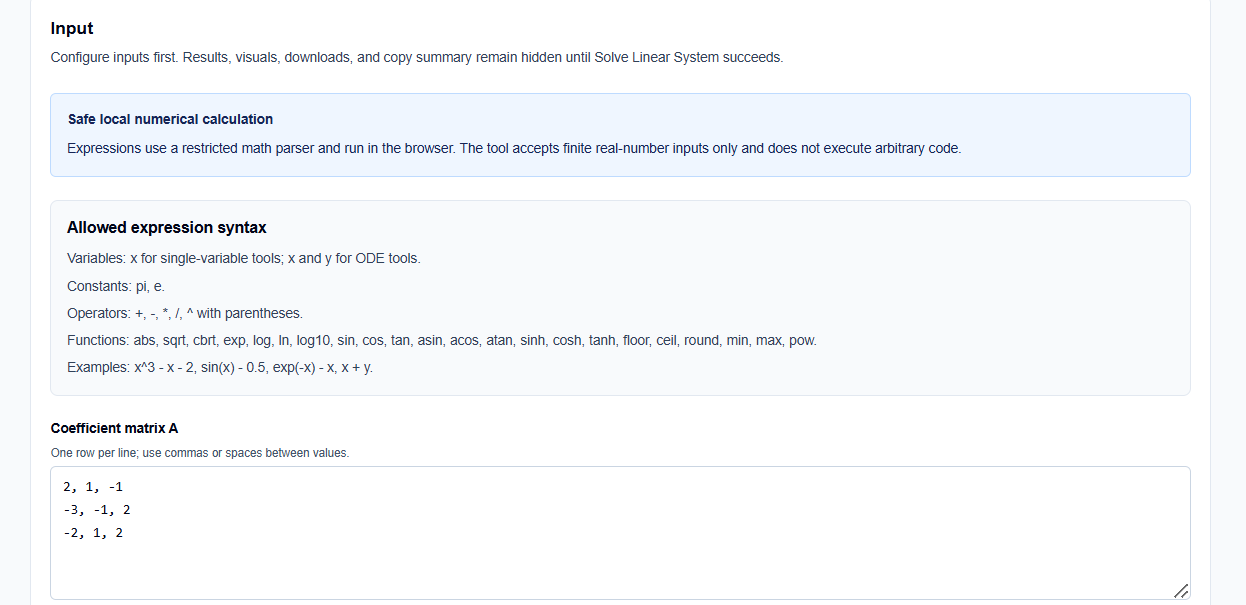Close-up of the input fields for coefficient matrix and RHS vector on ScholarTool.