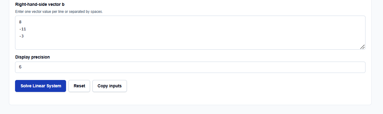 Close-up of the input fields for coefficient matrix and RHS vector on ScholarTool.