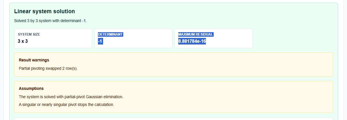 Results section showing the residual check and determinant.