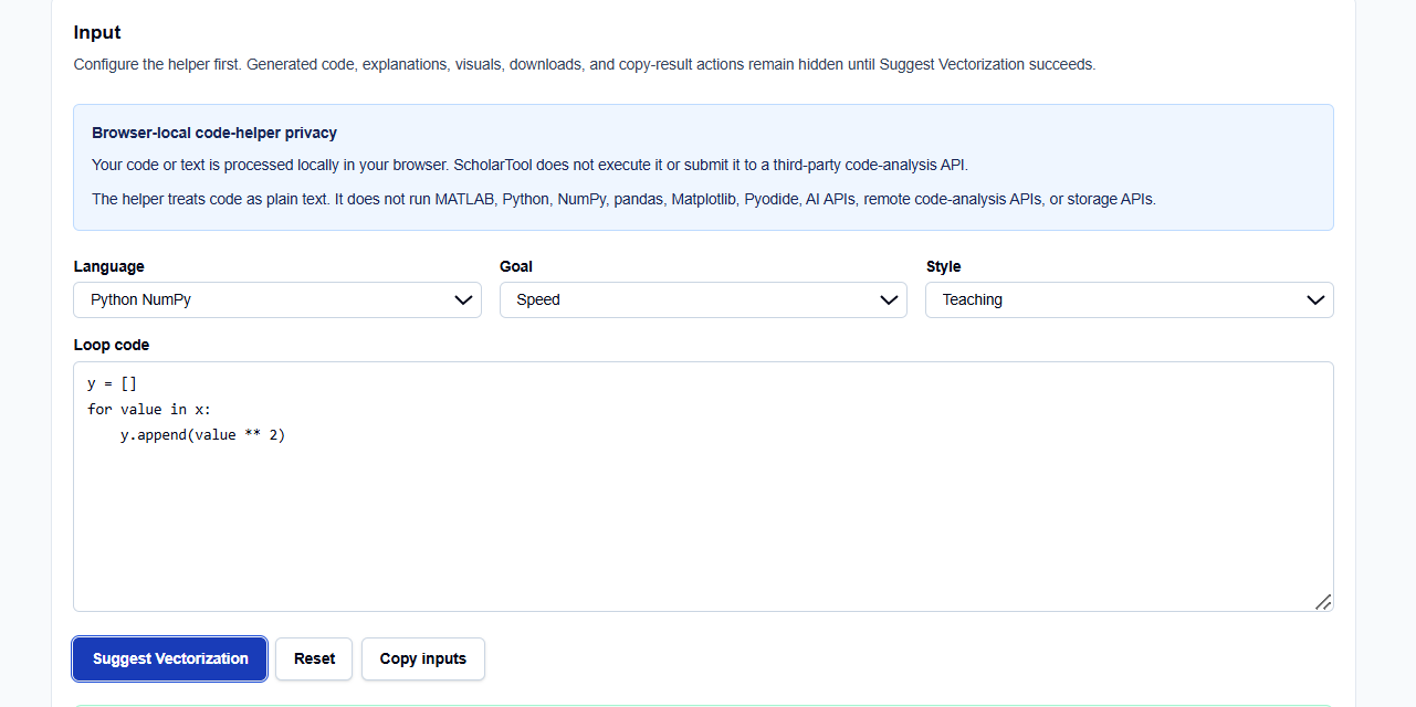 Close-up of the input selection menus for languages and optimization goals on ScholarTool.