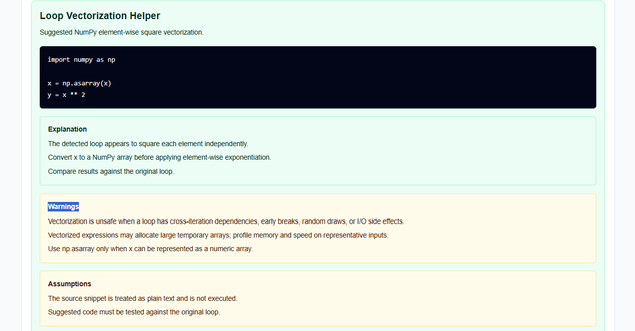 Results section of the loop vectorization tool showing dependency warnings and output notes.