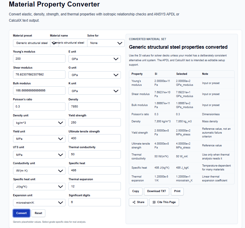 Close-up of material property input fields and unit selection menus on ScholarTool.