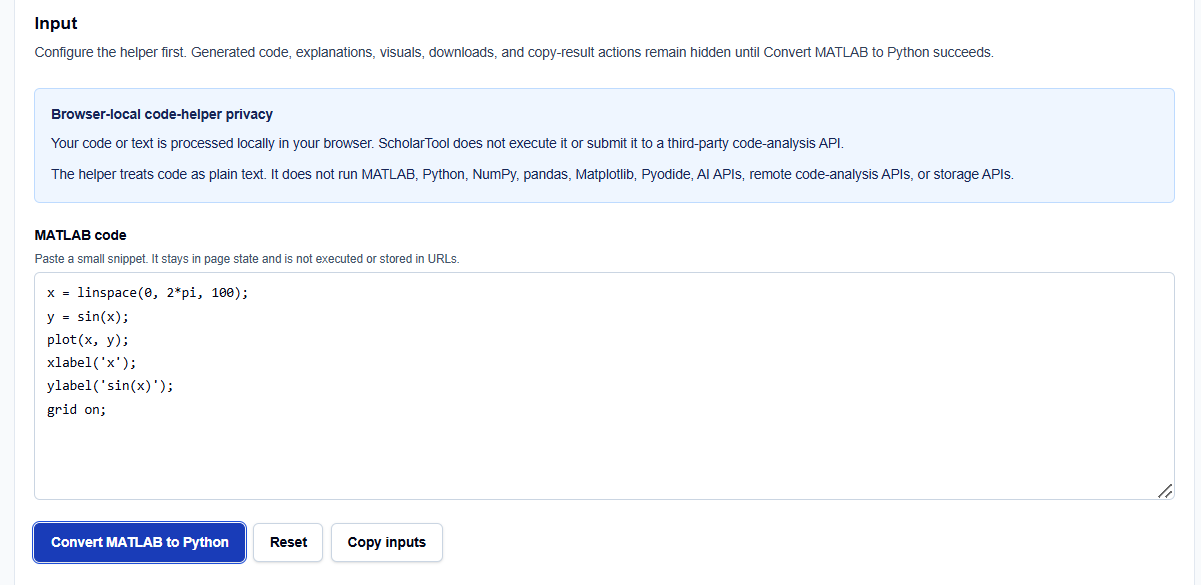 Close-up of the MATLAB code input field on ScholarTool featuring a loop and array constructor.