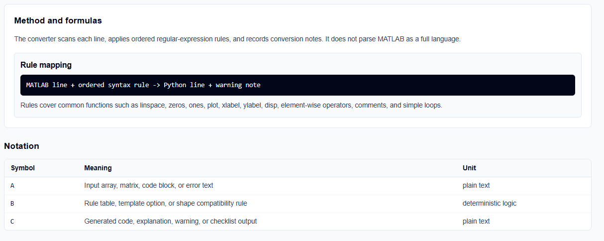 Mapping table showing the translation of MATLAB fragments to Python fragments with warning notes.