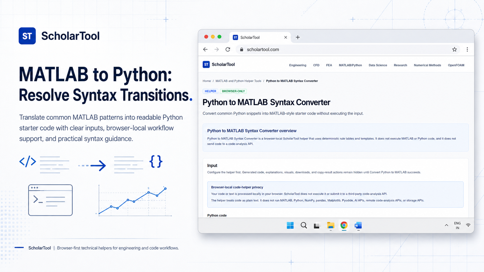 Interface of the ScholarTool MATLAB to Python Syntax Converter showing a code translation from MATLAB to Matplotlib.