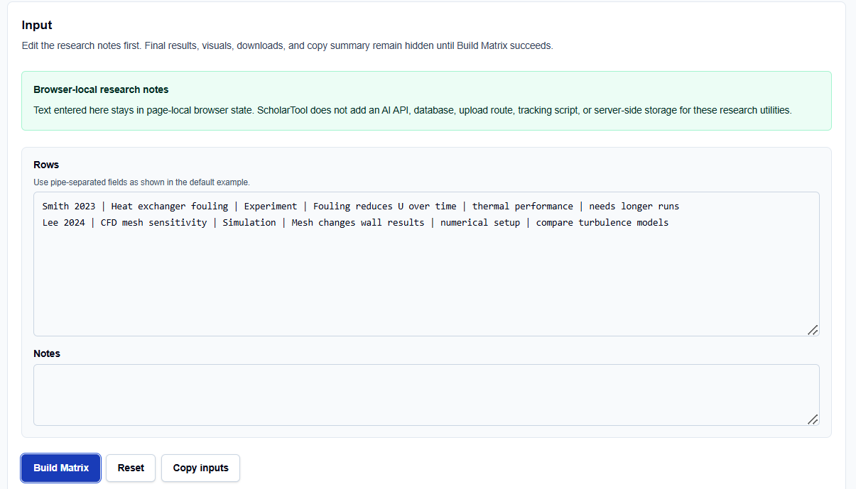 Close-up of the study rows input field on ScholarTool, showing pipe-separated research data.