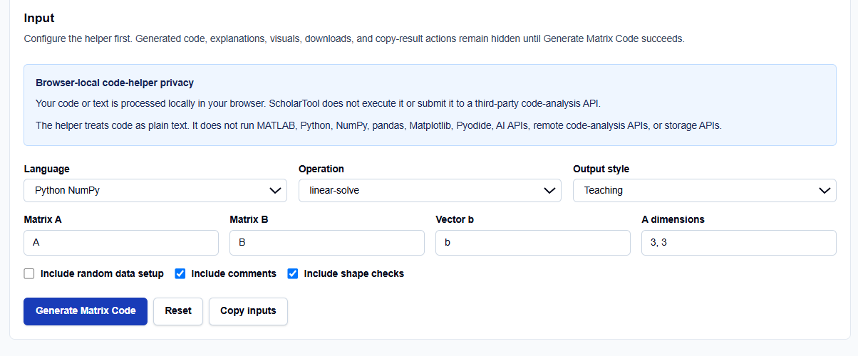 Close-up of the operation selection menu on the ScholarTool Matrix Operation Code Generator.