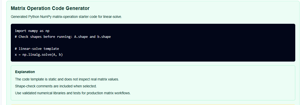 Result section of the matrix code generator showing output code and semantic warnings.