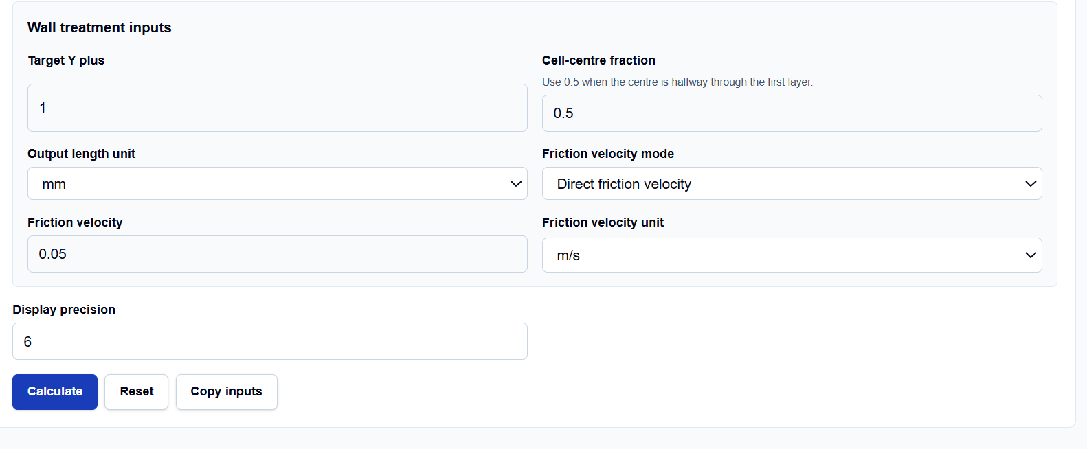 Close-up of selection menus for friction velocity modes and length units on ScholarTool.