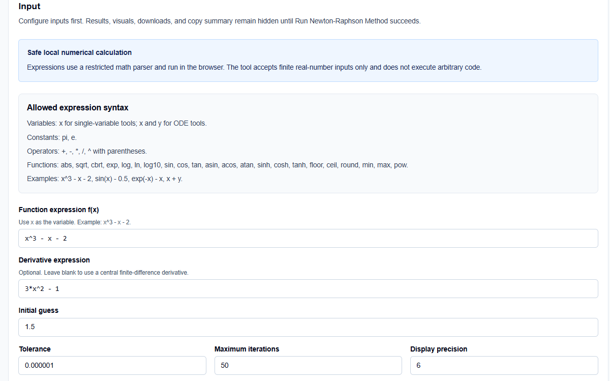 Close-up of input fields for function expressions and initial guesses on ScholarTool.