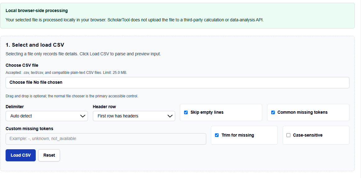 Close-up of CSV loading options on ScholarTool, including custom delimiter and missing token settings.