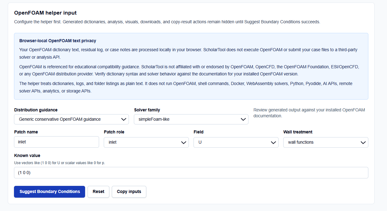 : Close-up of OpenFOAM distribution and solver family selection on ScholarTool.