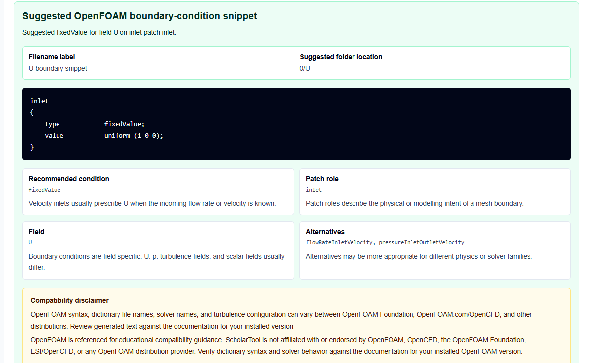 Results table and warnings block from the Boundary Condition Helper.