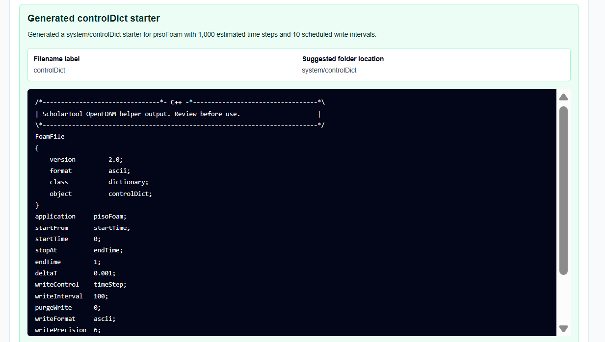Visual summary block from the controlDict Generator showing total steps and write cadence.