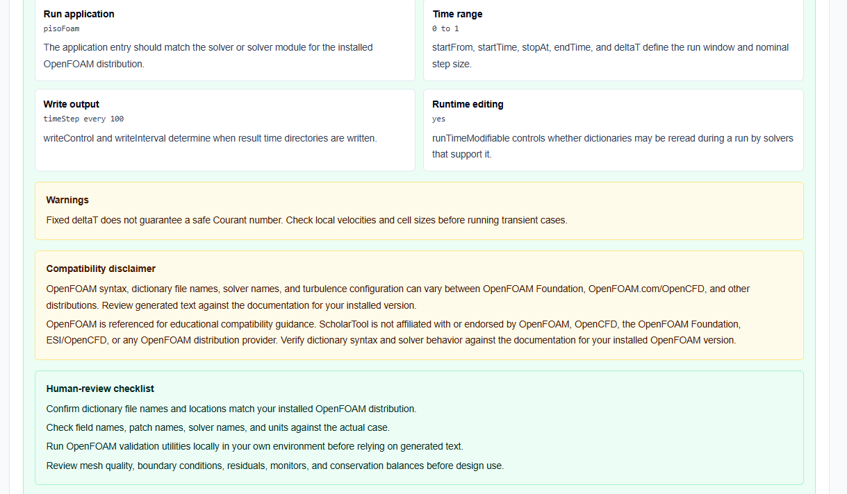 Visual summary block from the controlDict Generator showing total steps and write cadence.