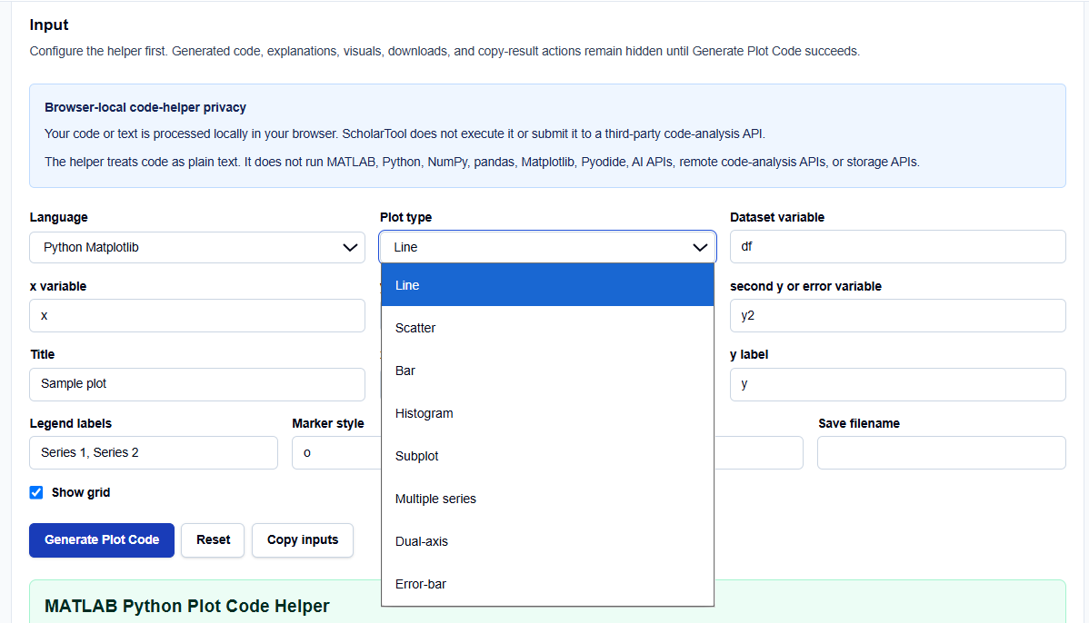Close-up of selection menus for plot types and variable fields on ScholarTool.