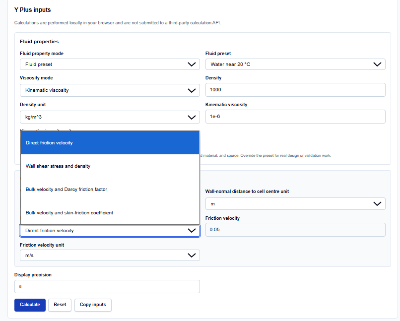 Close-up of selection menus for friction velocity and wall distance units on ScholarTool.