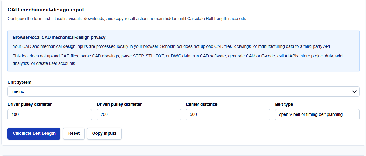 Close-up of input fields and unit selectors on ScholarTool.