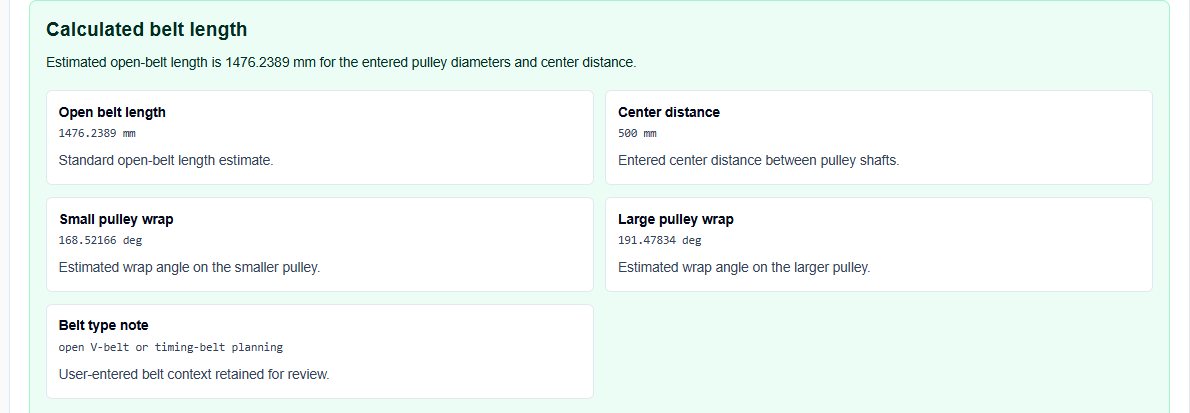 Results panel on ScholarTool displaying calculated belt length and wrap angles.